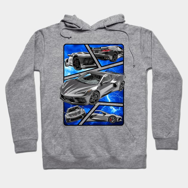 Multiple Angles of the Hypersonic Gray C8 Corvette Presented In A Bold Vibrant Panel Art Display Supercar Sports Car Racecar Torch Gray Corvette C8 Hoodie by Tees 4 Thee